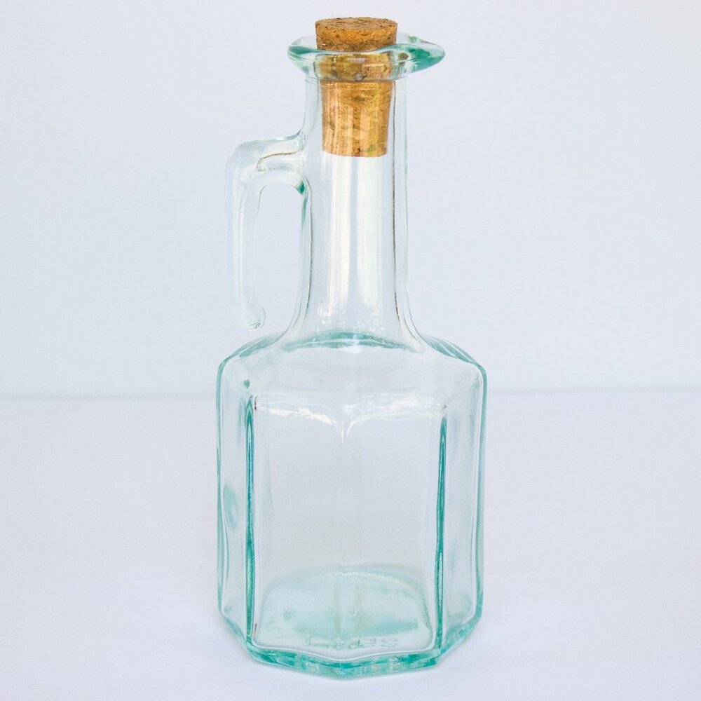 Green Glass Oil Jar, vintage octagon vase with cork lid, aqua sea green recycled